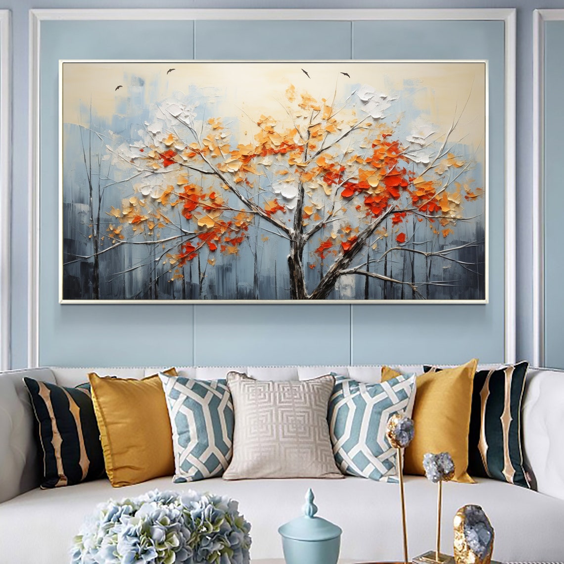 Lone Autumn Tree with Orange Blossoms and Birds in Mist Poster - Image 7