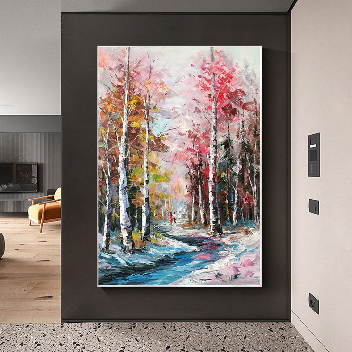 Pink Birch Forest Stream Vertical Autumn Landscape Painting Poster - Image 2