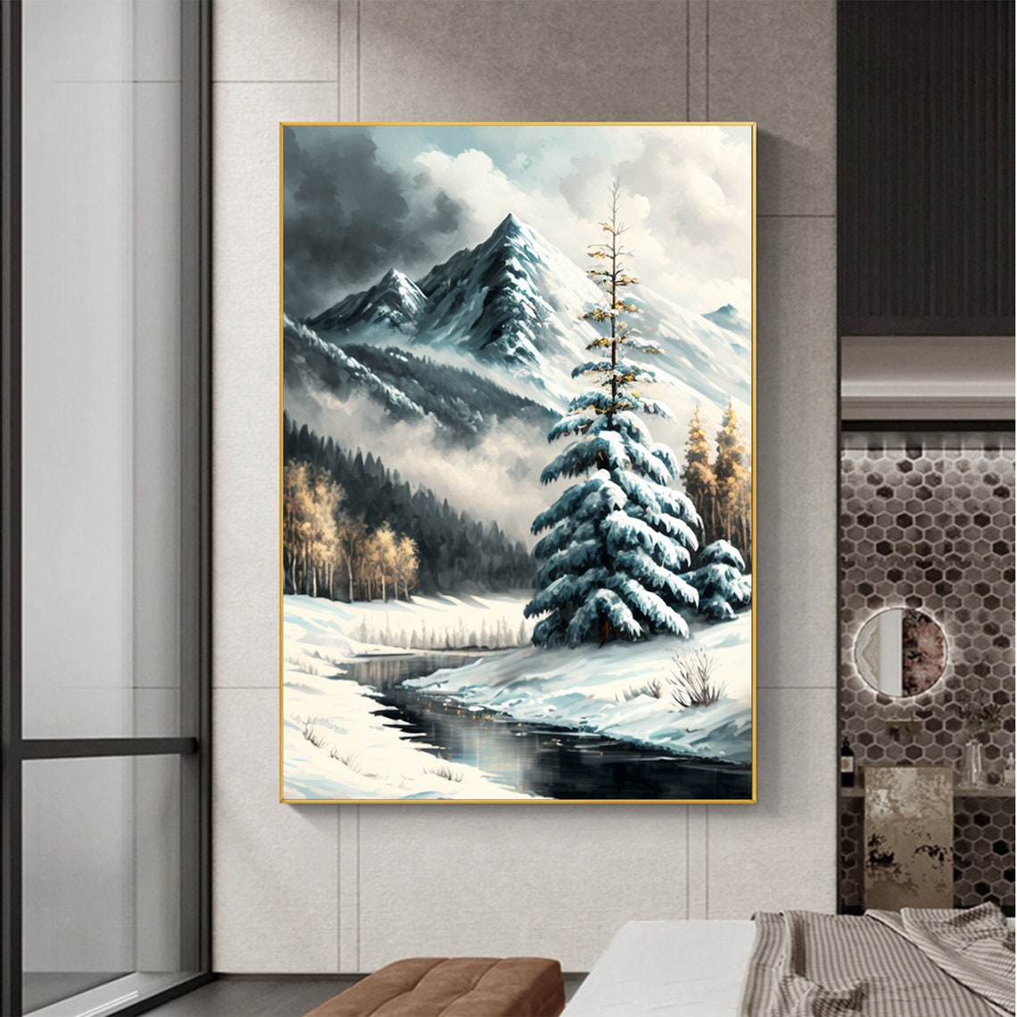 Snowy Winter Mountain Stream with Frosted Pine Trees Scene Poster - Image 6