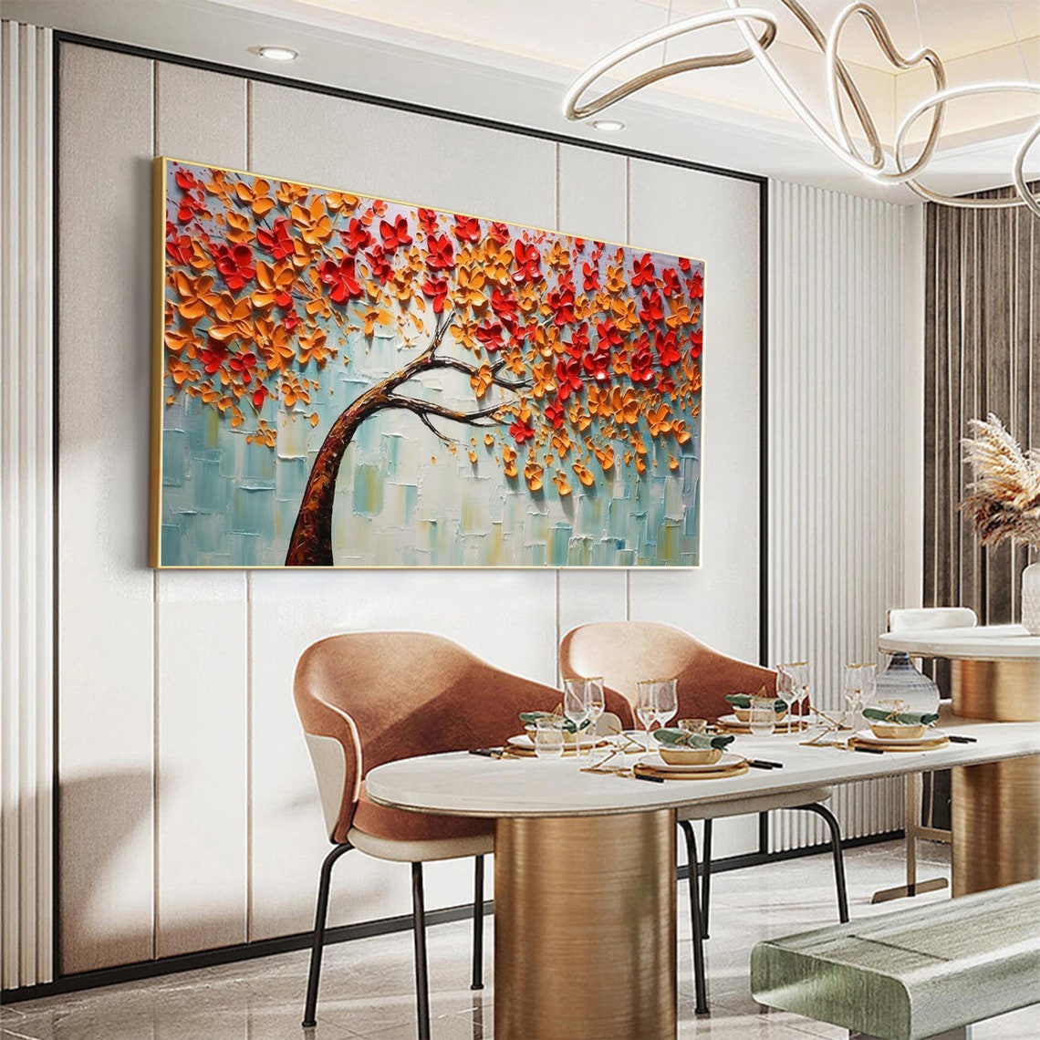 Red Orange Blossom Tree with Curved Trunk Blue Mosaic Poster - Image 3