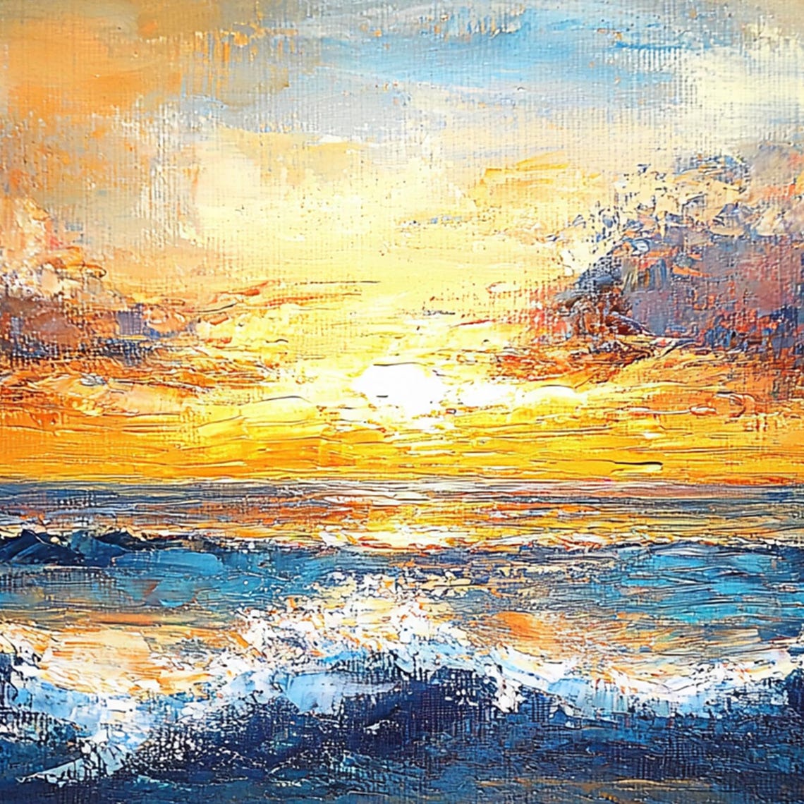 Ocean Sunset Waves Orange Sky Blue Sea Landscape Painting Poster - Image 5