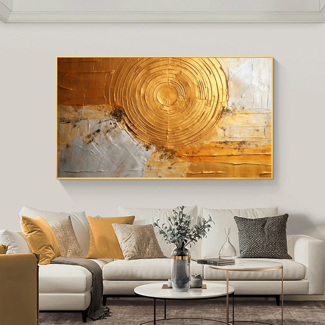 Gold Circle Sun Gray White Marble Textured Abstract Painting Poster - Image 2