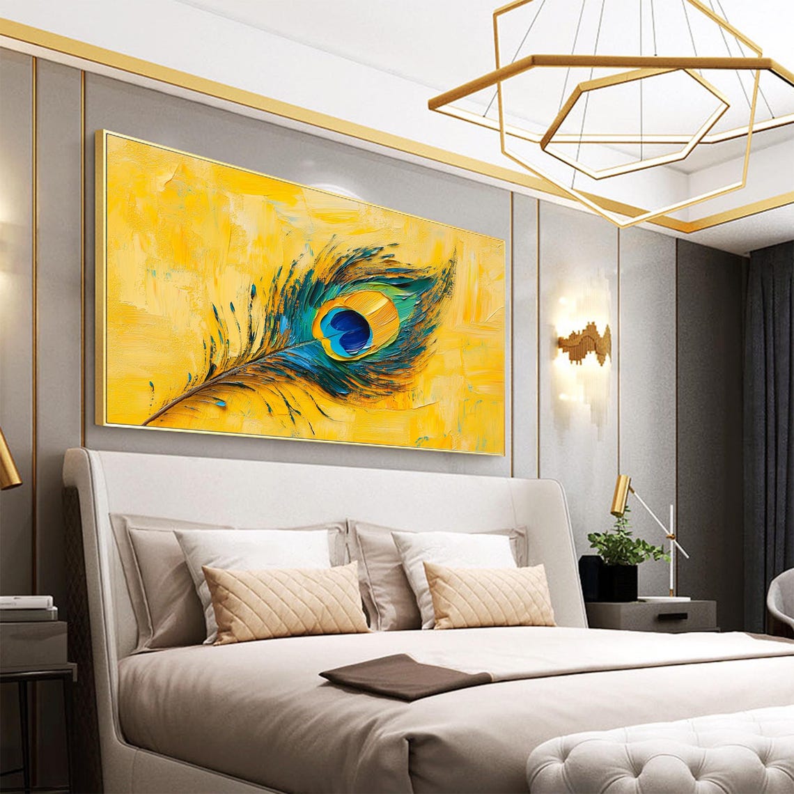 Peacock Feather on Bright Yellow Textured Oil Painting Poster - Image 6