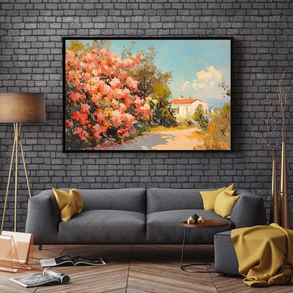 Pink Blossom Bushes Cottage Path Impressionist Landscape Poster - Image 2