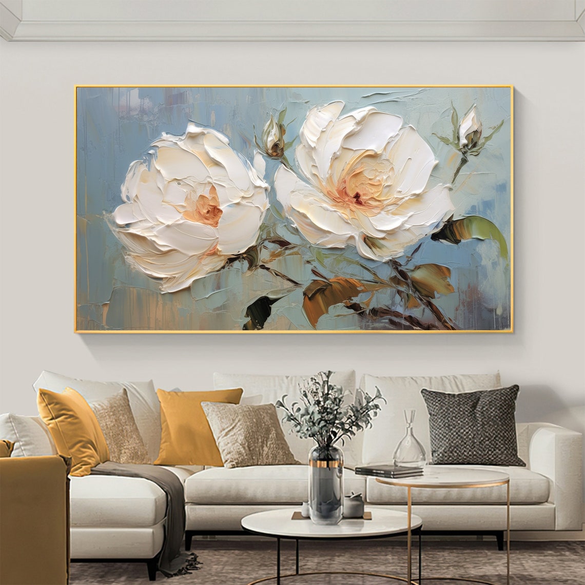 White Roses Blue Gray Background Impasto Floral Painting Poster - Image 7