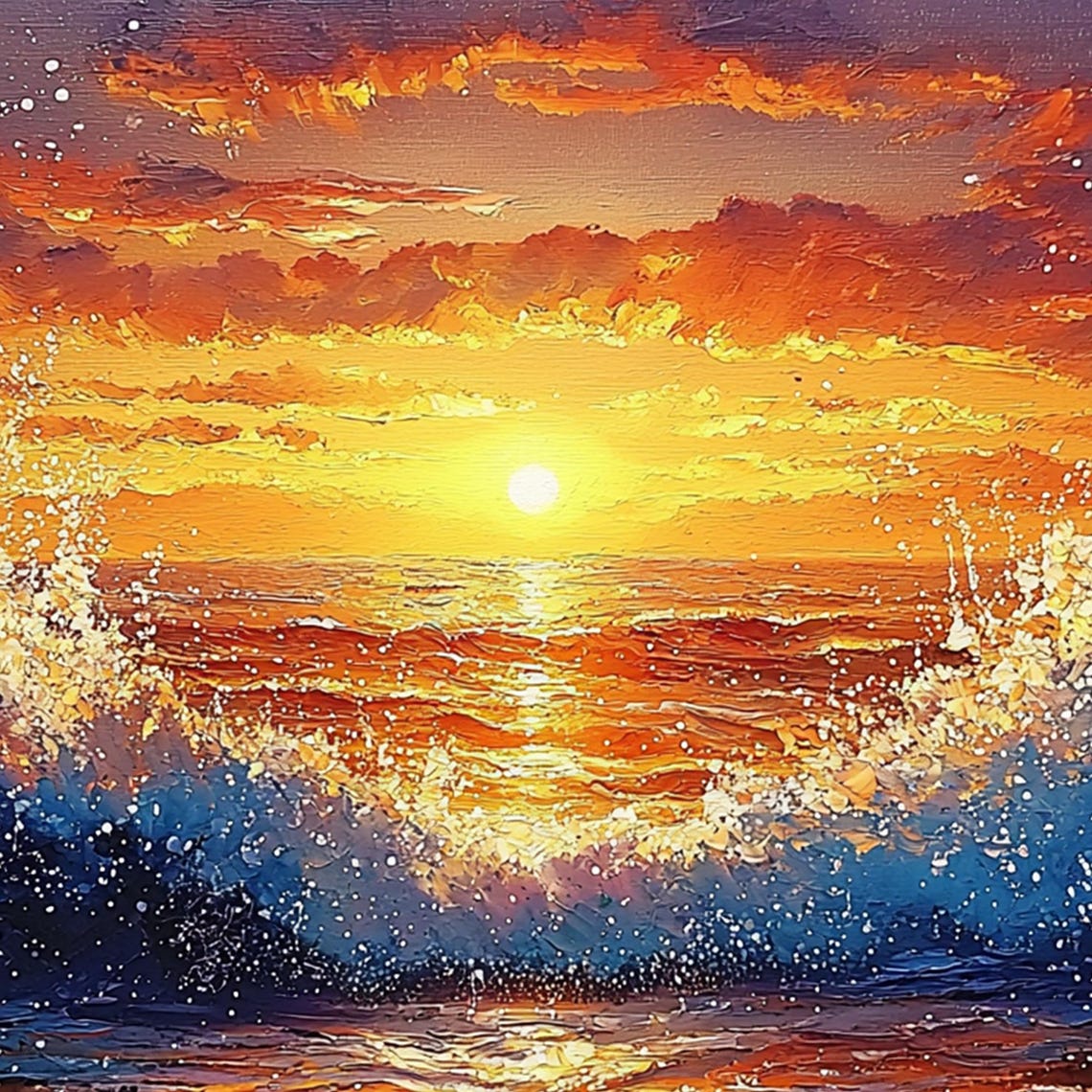 Golden Sun Center Ocean Sunset with Crashing Waves Oil Poster - Image 5