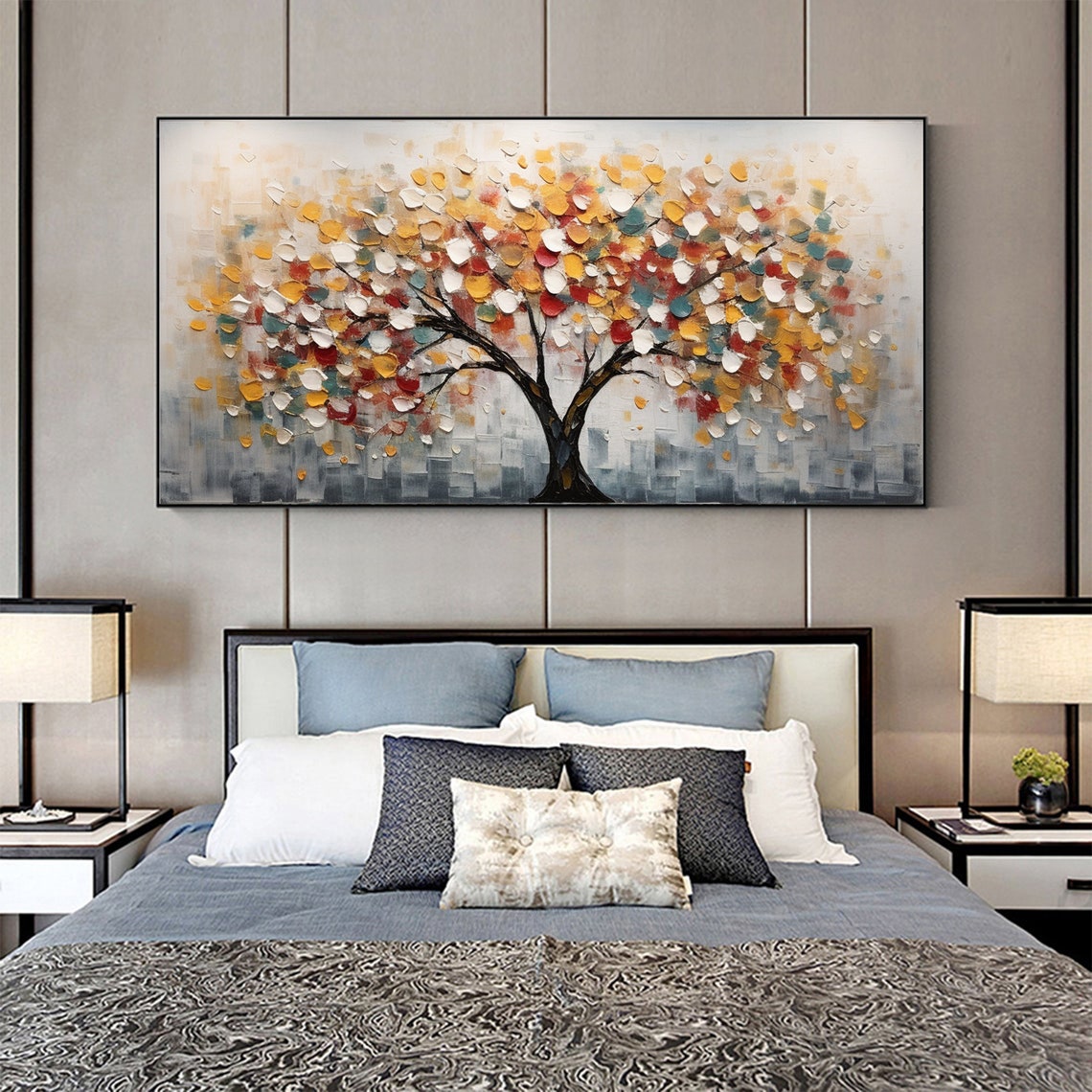 Multicolor Abstract Tree Gold Red Leaves Modern Painting Poster - Image 2