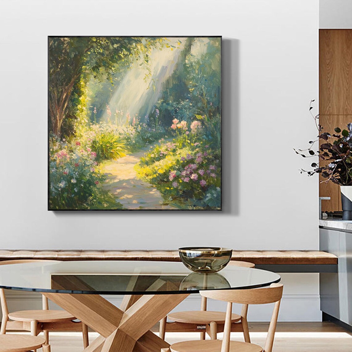 Original Floral Landscape Oil Painting On Large Wall Art Abstract Green Flowers Trees Painting Custom Painting Living Room Decor - Image 3