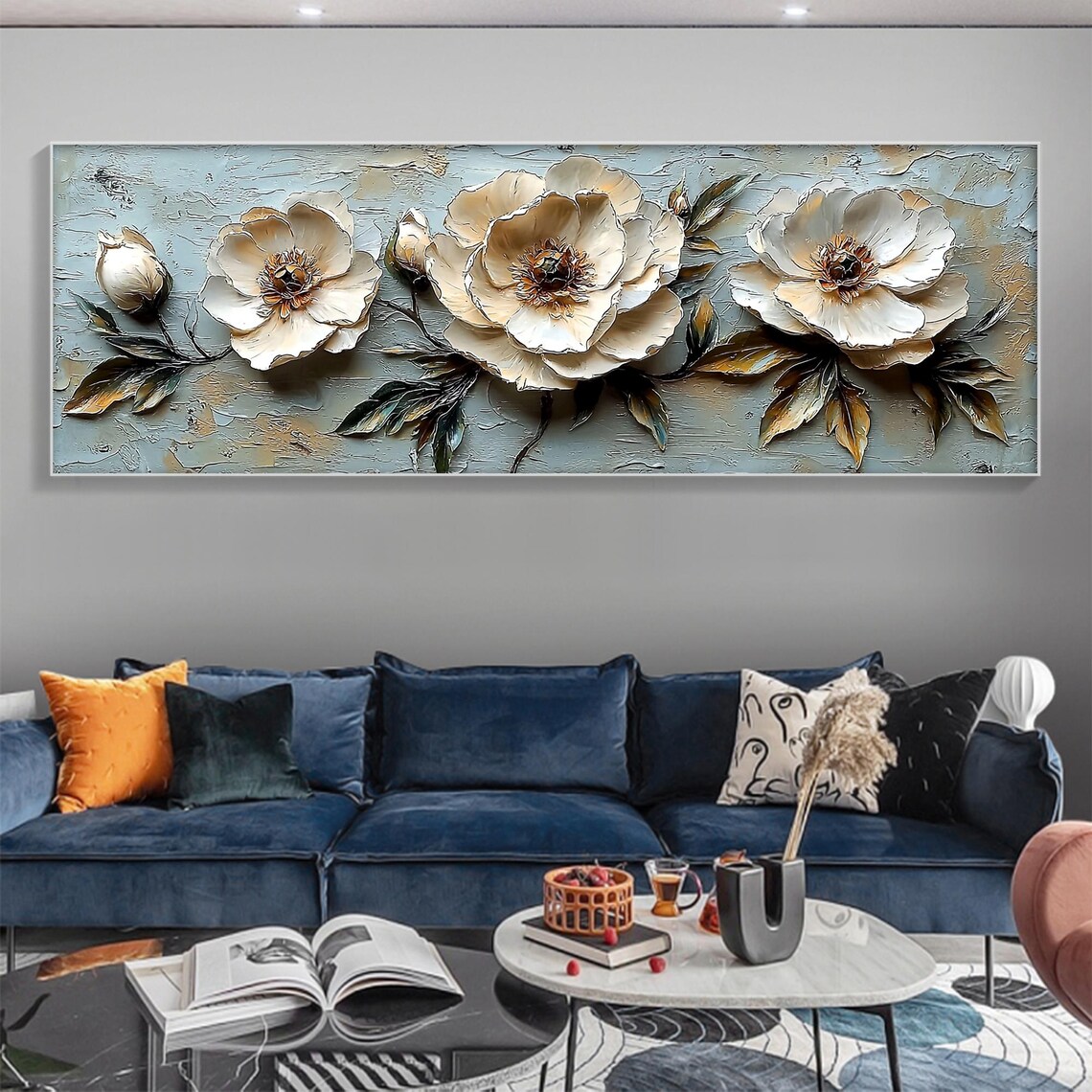 White Peonies Teal Panoramic Floral Sculpted 3D Flower Painting Poster
