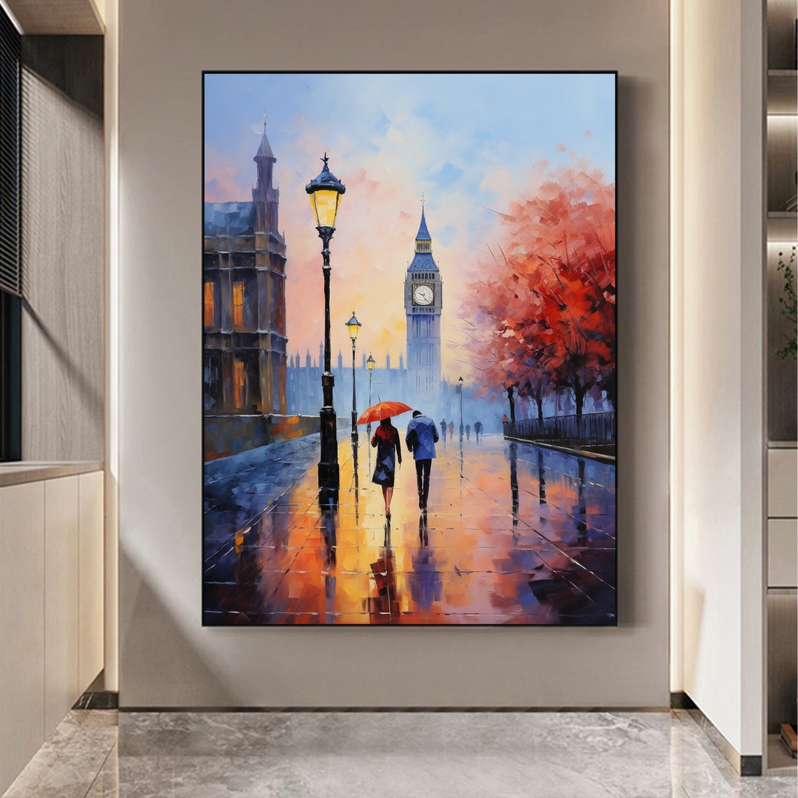 Evening London Promenade Big Ben Couple with Red Umbrella Poster - Image 6