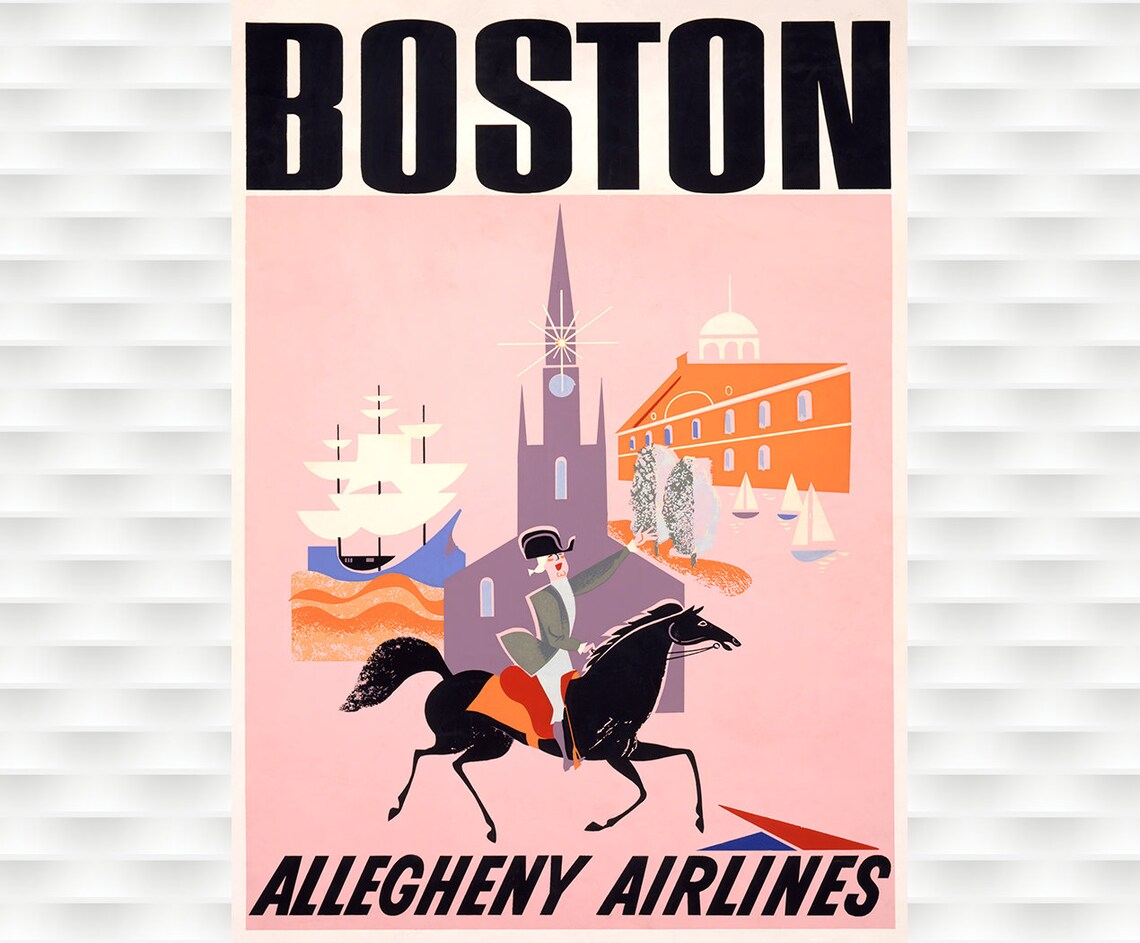 Boston Pink Allegheny Airlines Vintage Airline Travel Poster