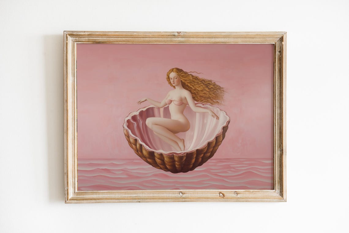 Venus in Seashell Birth of Venus Inspired Pink Goddess Art Print