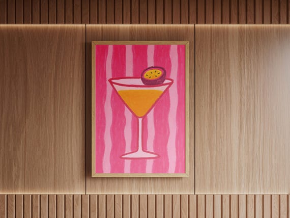 Passion Fruit Cocktail Retro Bar Cart Pink Martini Glass Wall Art