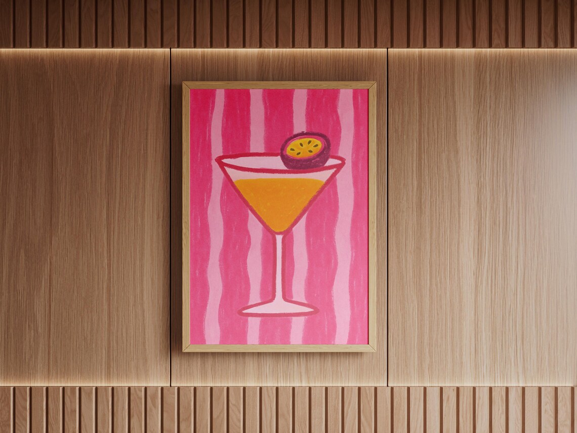 Passion Fruit Cocktail Retro Bar Cart Pink Martini Glass Wall Art