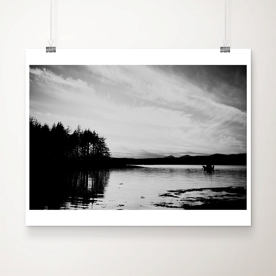 Black and White Scottish Loch Reflection Landscape Photo Poster