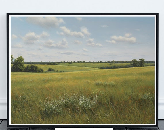 Green Prairie Landscape Painting Art Instant Western Decor Nature Wall Art For Home Grassy Kansas Landscape