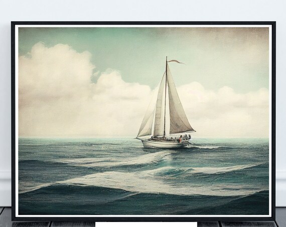 Lone Sailboat on Open Ocean Vintage Nautical Seascape Painting Poster