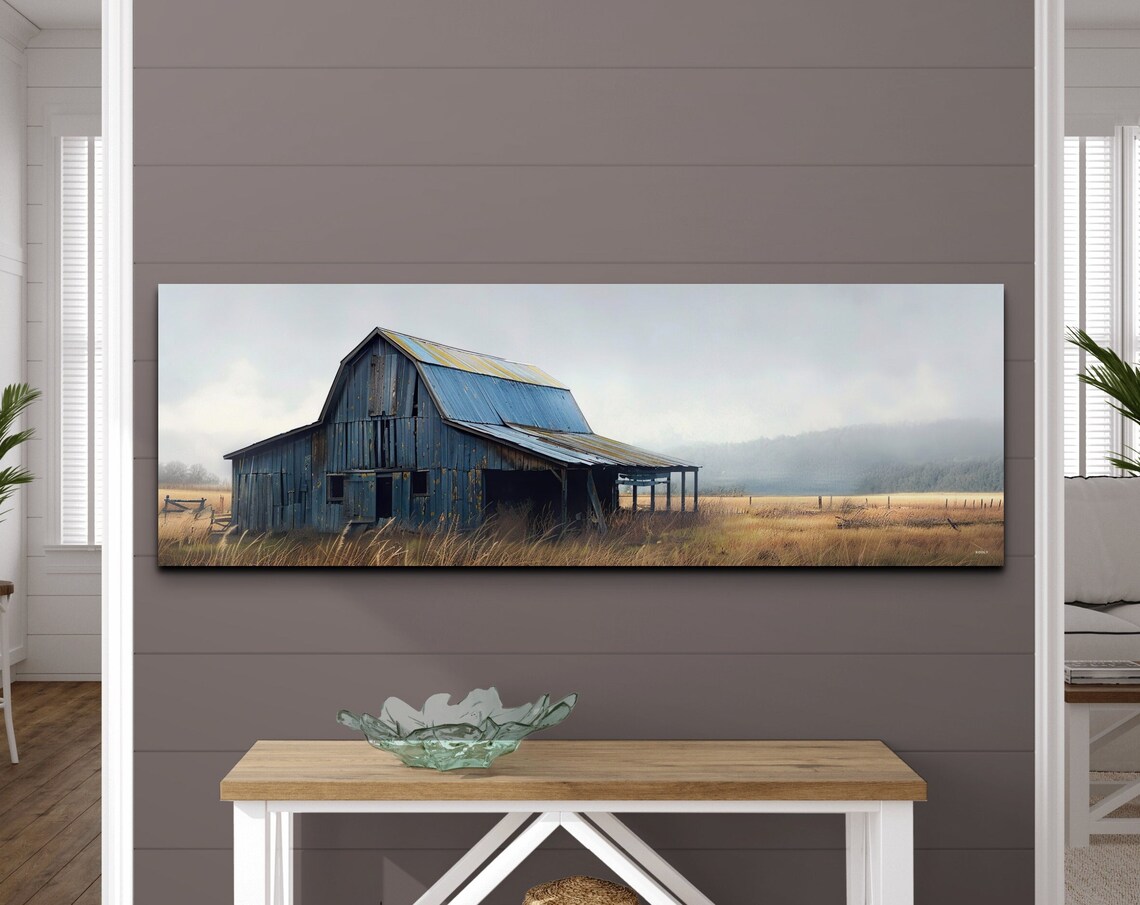 Old Blue Gray Barn In Misty Field Farmhouse Country Art Poster