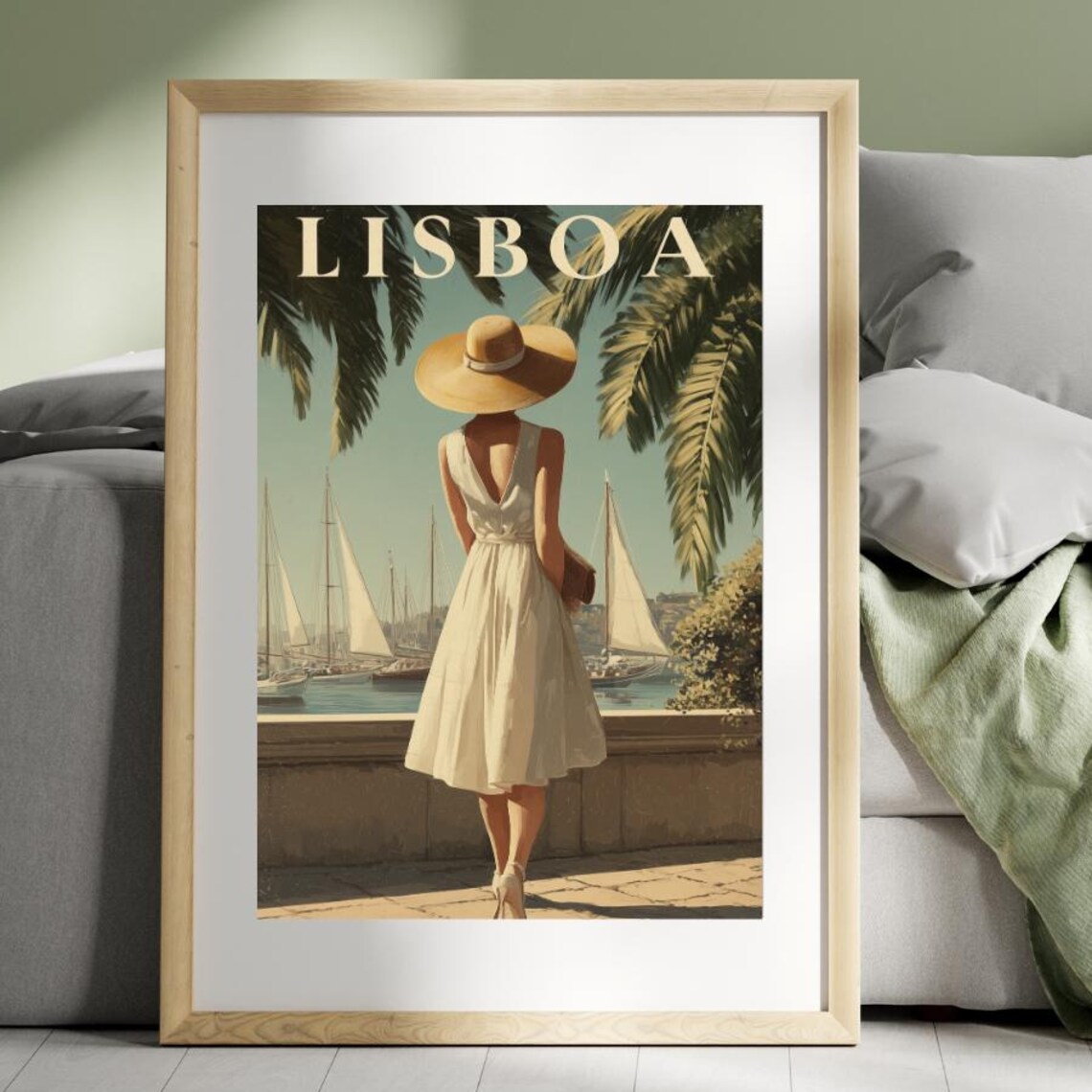 Lisboa Portugal Woman Sunhat Sailboats Retro Vintage Travel Poster