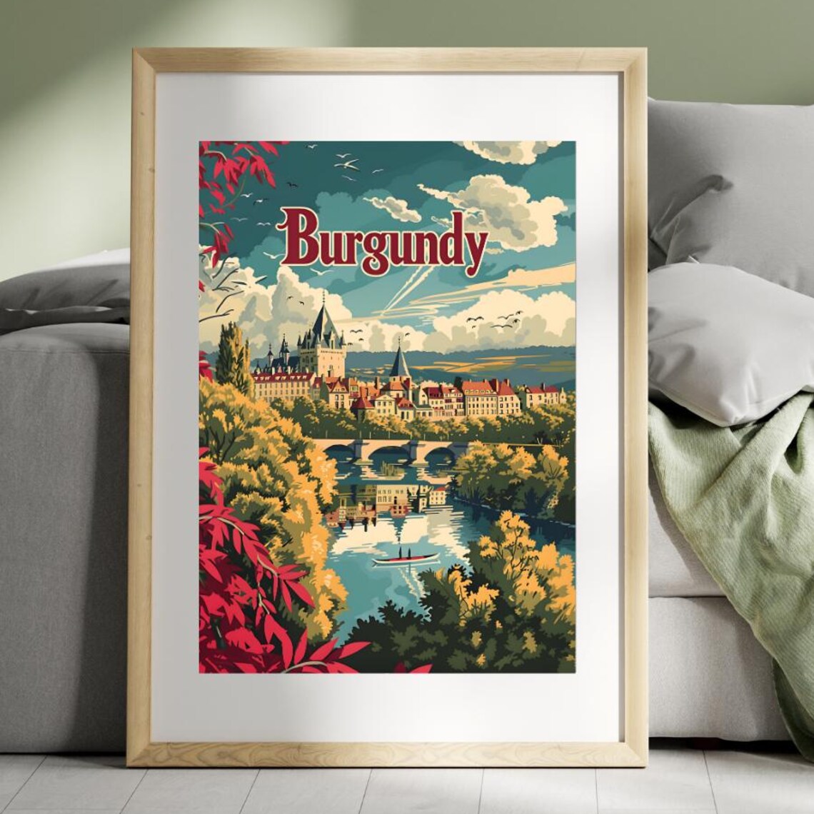 Burgundy France Castle Riverside Retro Vintage Travel Poster