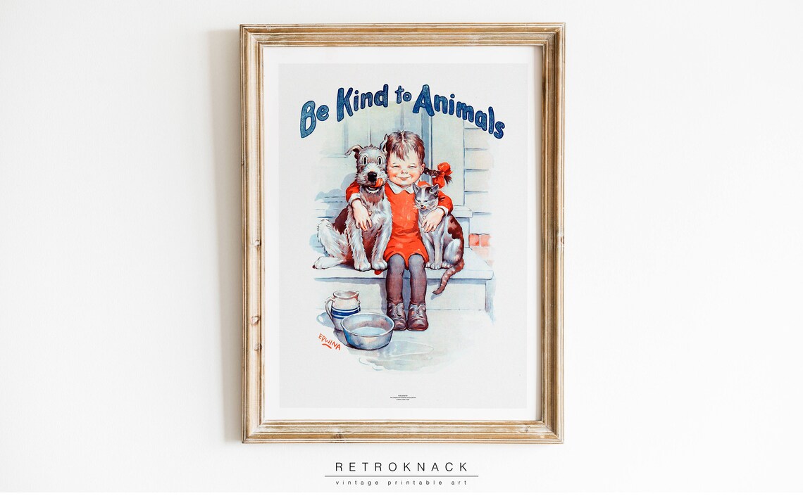 Be Kind to Animals Vintage Girl With Dog and Cat Illustration Poster - Image 2