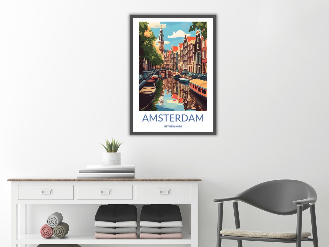 Amsterdam Canal Boats Church Tower Dutch Houses Netherlands Poster - Image 2