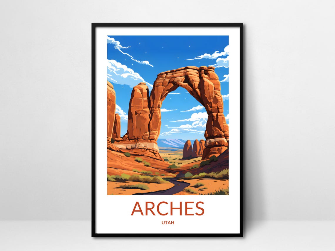 Arches Utah Towering Sandstone Arch Blue Sky Travel Scene Poster