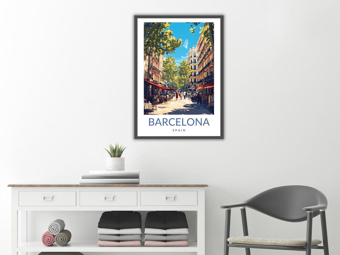 Barcelona Spain La Rambla Poster Tree Lined Cafe Street Vintage Travel - Image 2