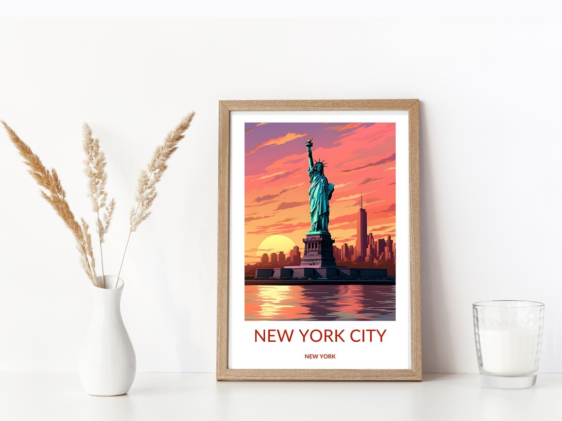 New York City Statue Of Liberty Sunset Harbor Travel Scene Poster - Image 3