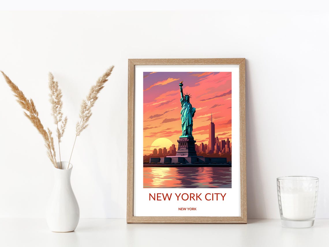 Statue Of Liberty At Sunset With New York City Skyline Poster Iconic Nyc Landmark Wall Art New York City Travel Poster - Image 3