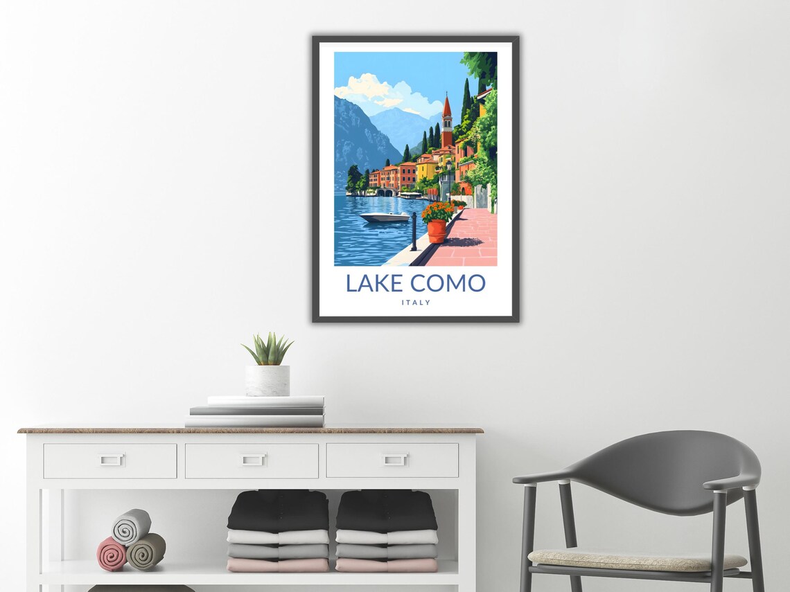 Lake Como Italy Lakeside Village Bell Tower Sunny Travel Poster - Image 2