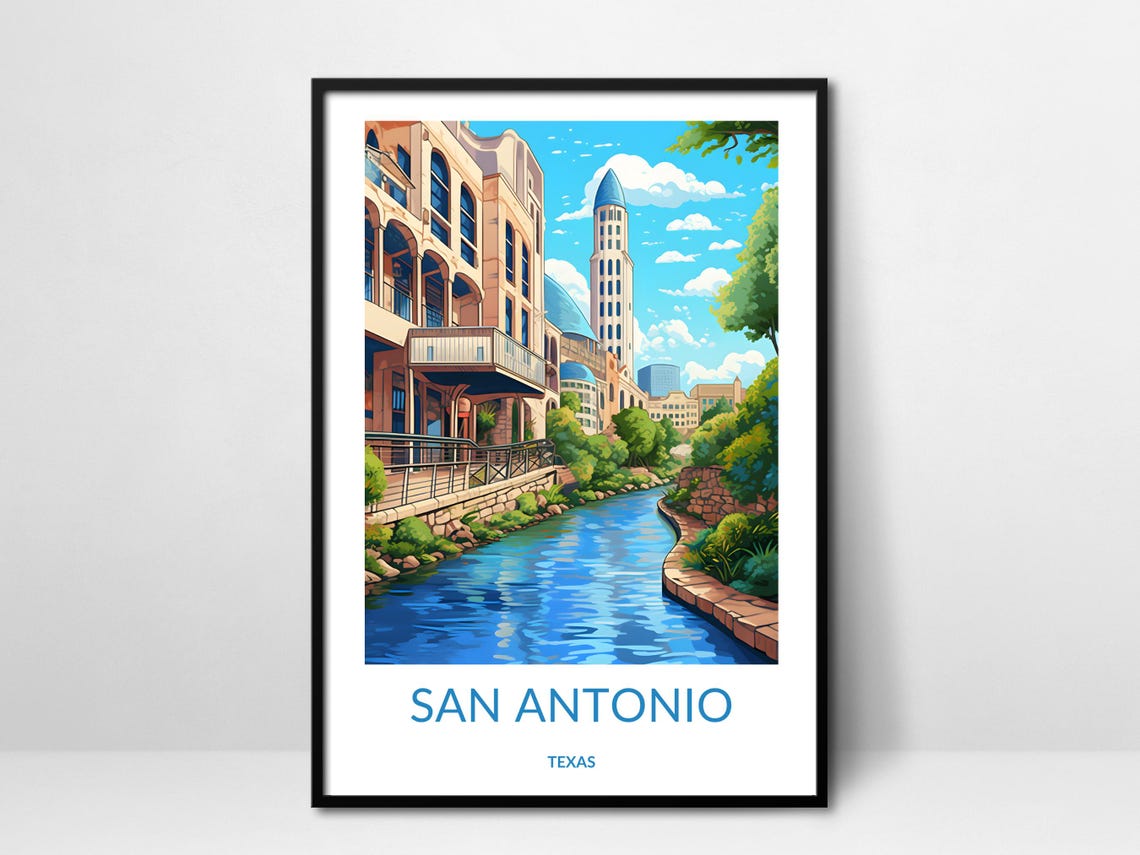 San Antonio Texas River Walk Waterfront Buildings Scene Poster