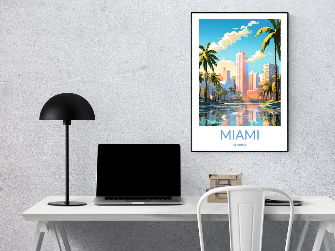 Miami Skyline Water Reflection Palm Trees Florida Travel Poster - Image 2