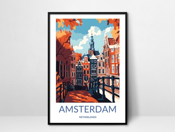 Amsterdam Autumn Bridge Red Trees Church Tower Fall Colors Poster