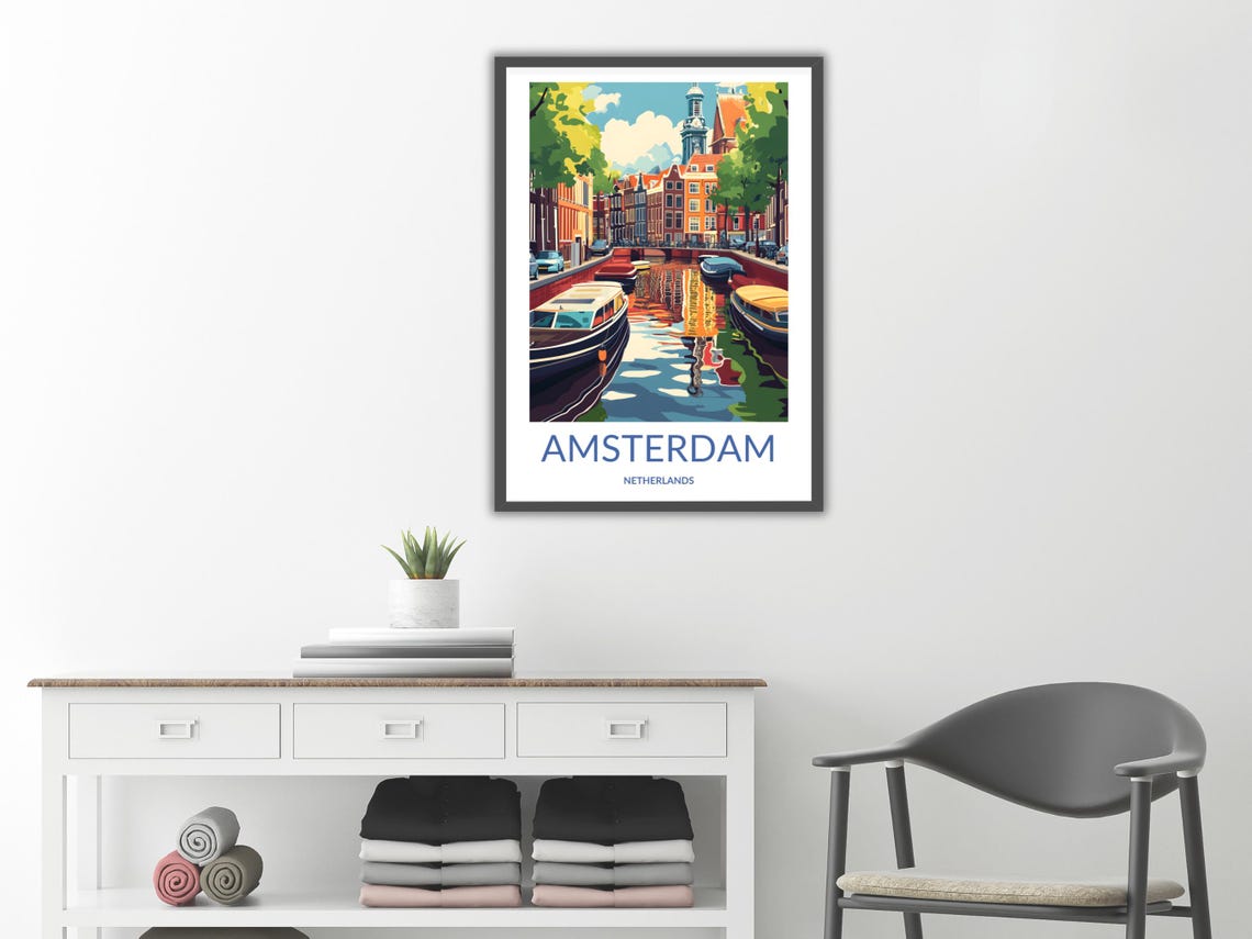 Amsterdam Canal Boats Reflections Colorful Houses Netherlands Poster - Image 2