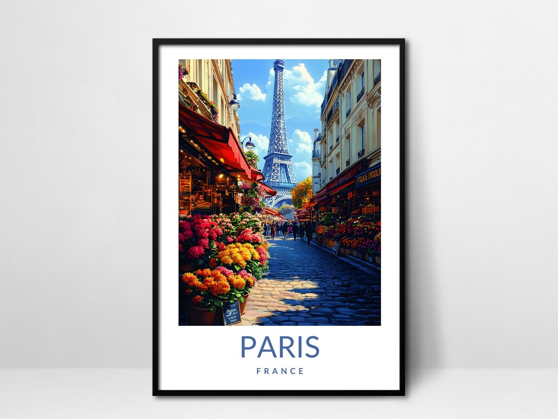 Paris France Eiffel Tower Flower Market Street Sunny Travel Poster