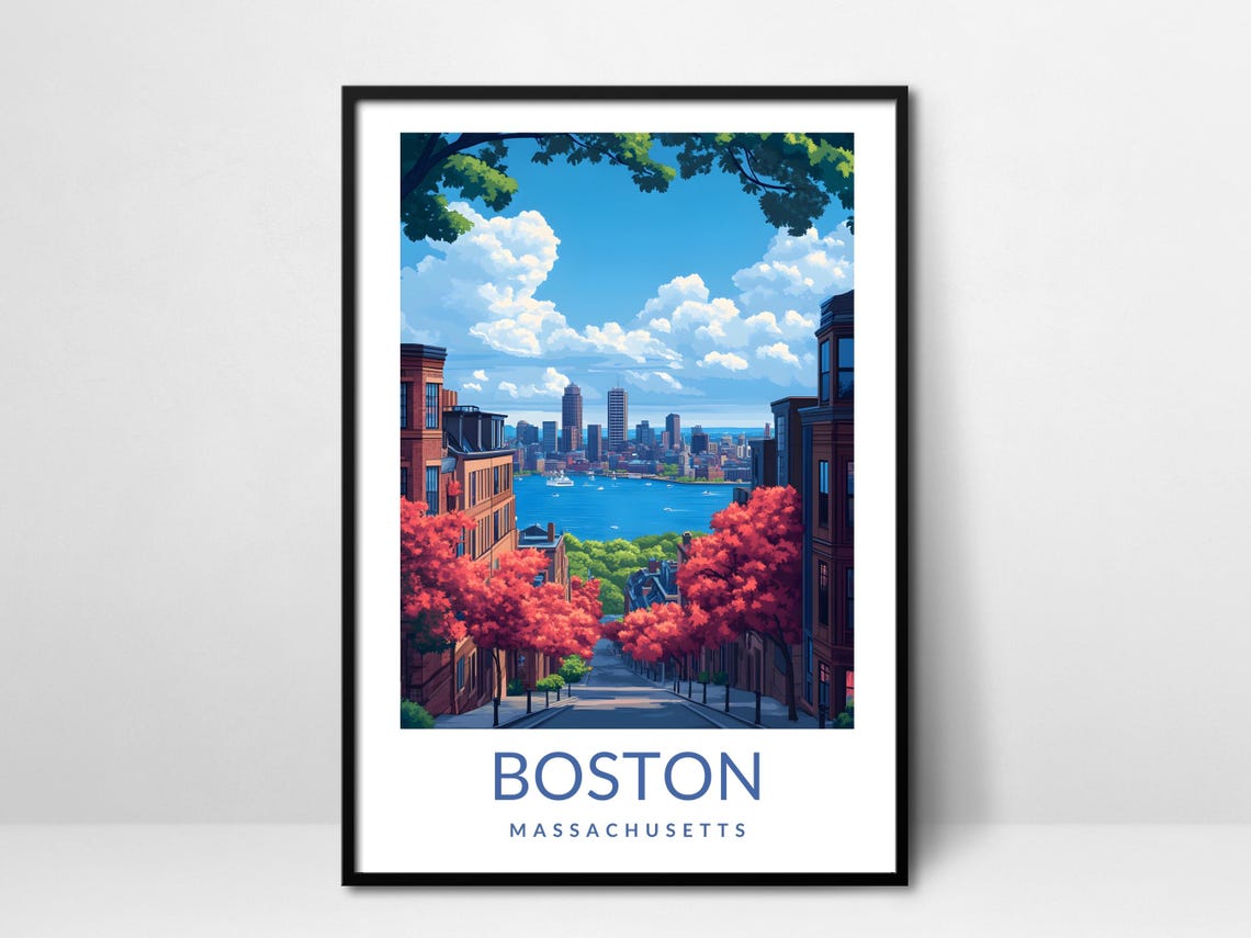 Boston Massachusetts Skyline Poster Red Tree Street Charles River View