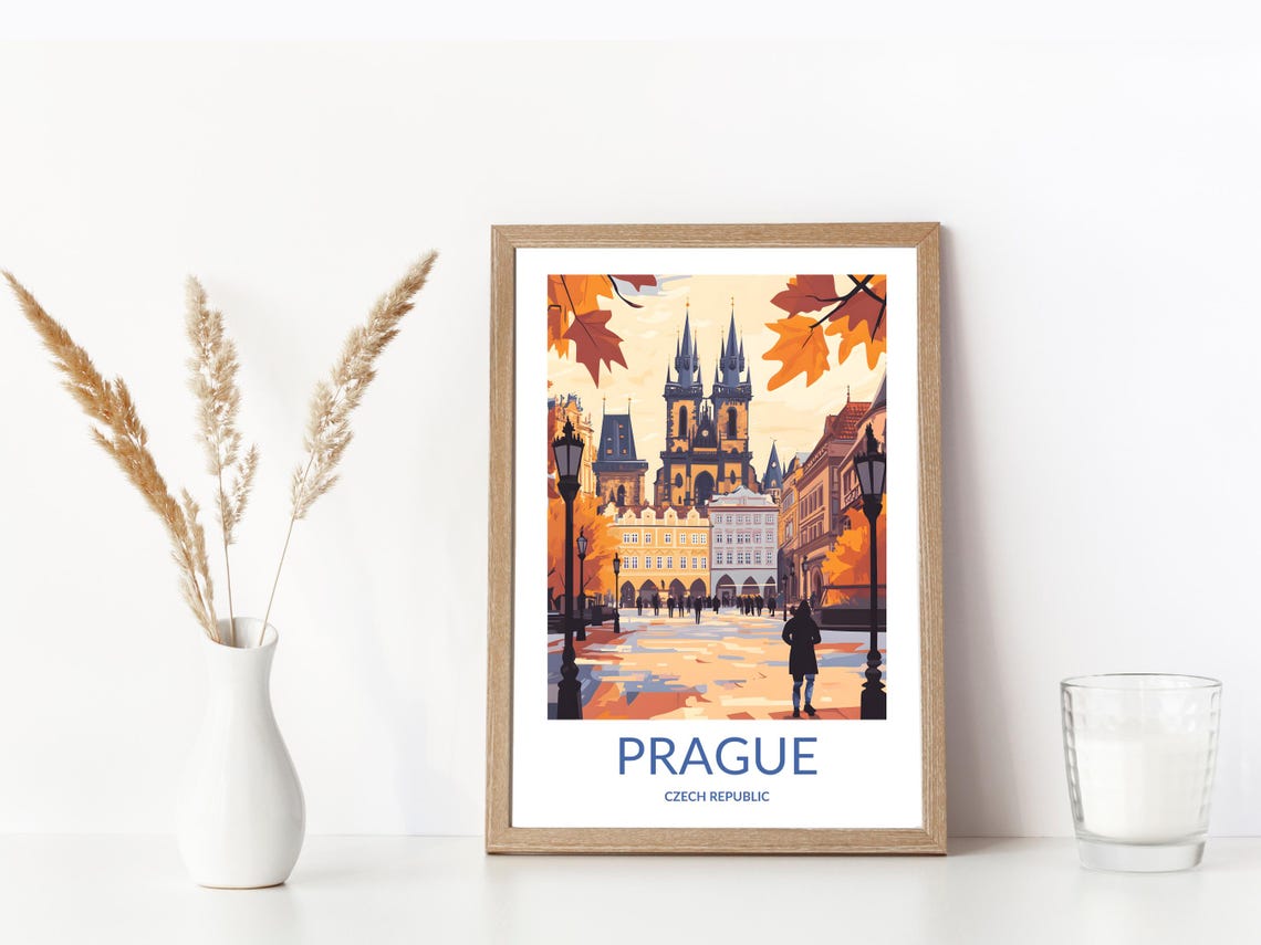 Prague Czech Republic Old Town Square Autumn Vintage Travel Poster - Image 3