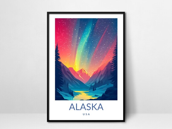 Alaska USA Northern Lights Poster Aurora Borealis Night Sky Glowing Art