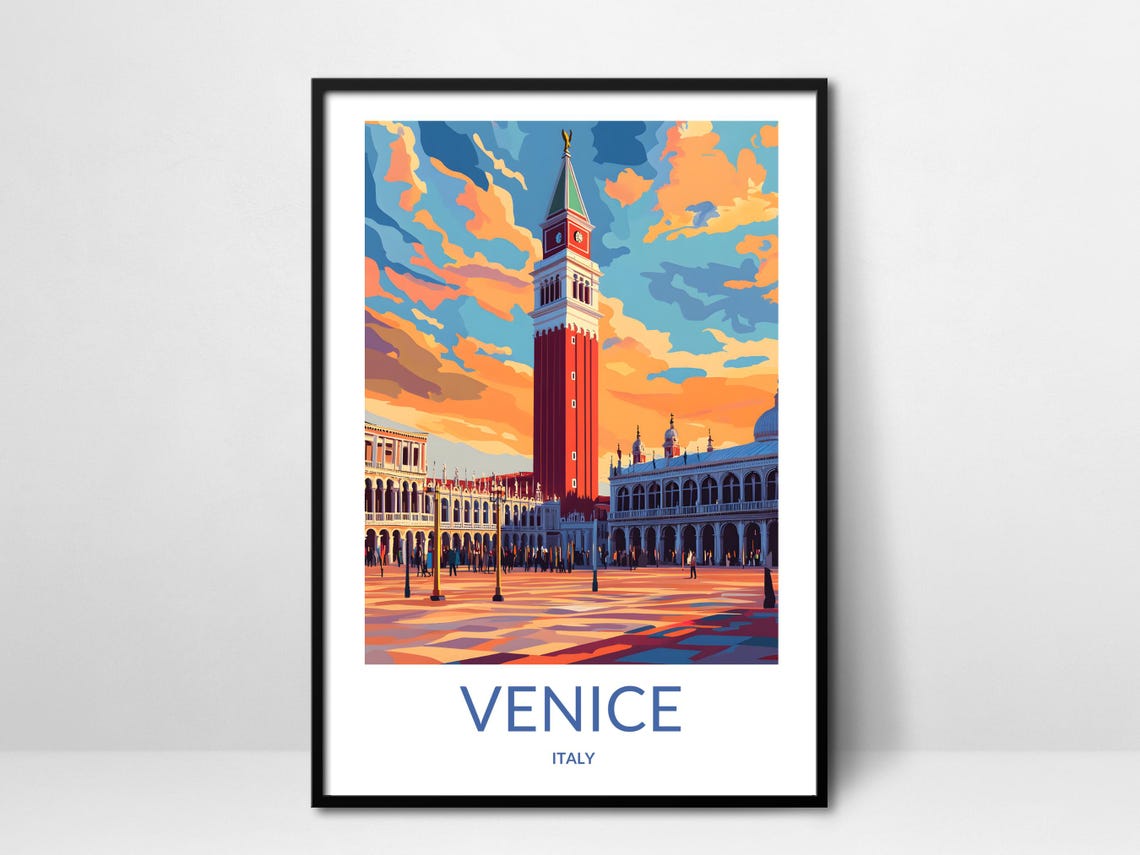 Venice St Marks Square Campanile Sunset Italy Travel Art Poster