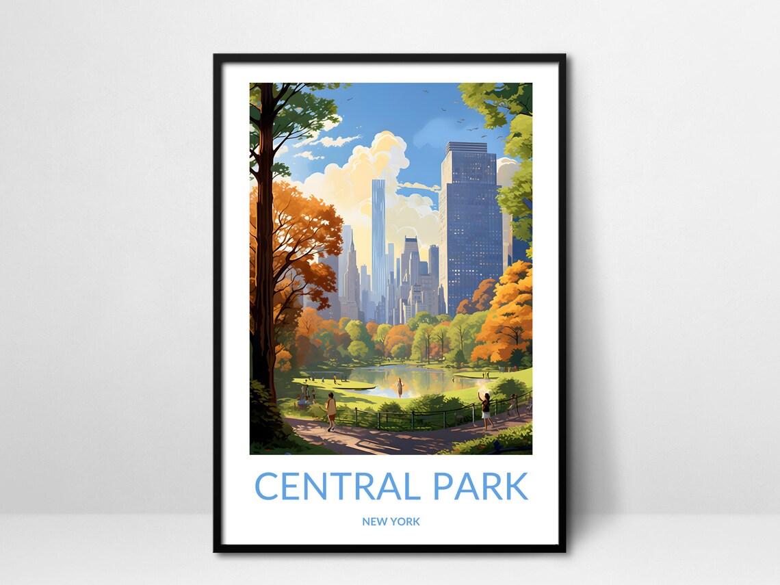 Central Park New York Sunny Lakeside Skyline Vintage Travel Poster