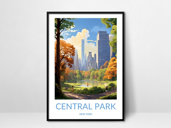 Central Park New York Sunny Lakeside Skyline Vintage Travel Poster