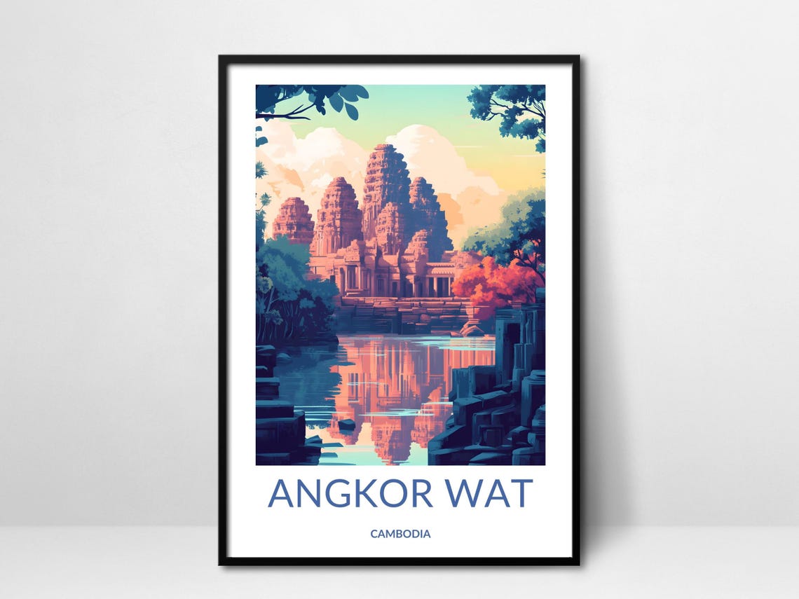 Angkor Wat Cambodia Temple Reflection Sunset Vintage Travel Poster