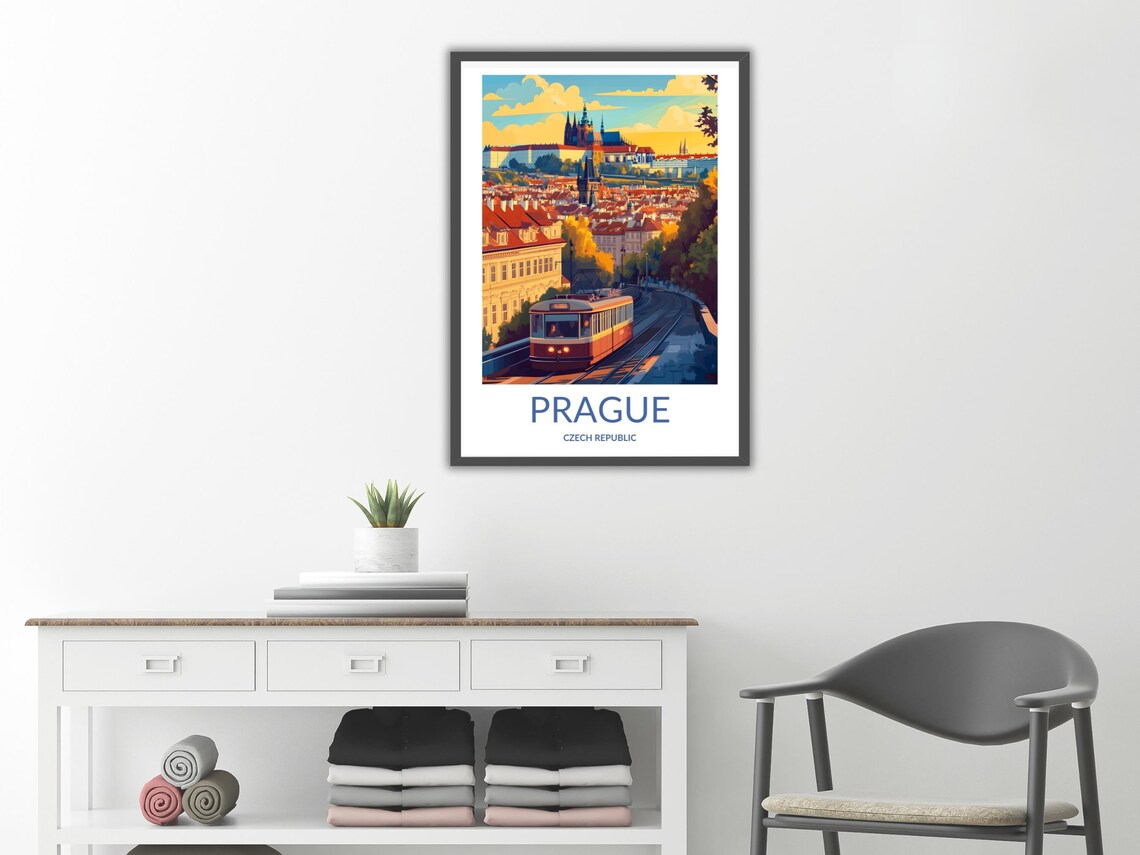 Prague Czech Republic Red Tram and Castle City Vintage Travel Poster - Image 2