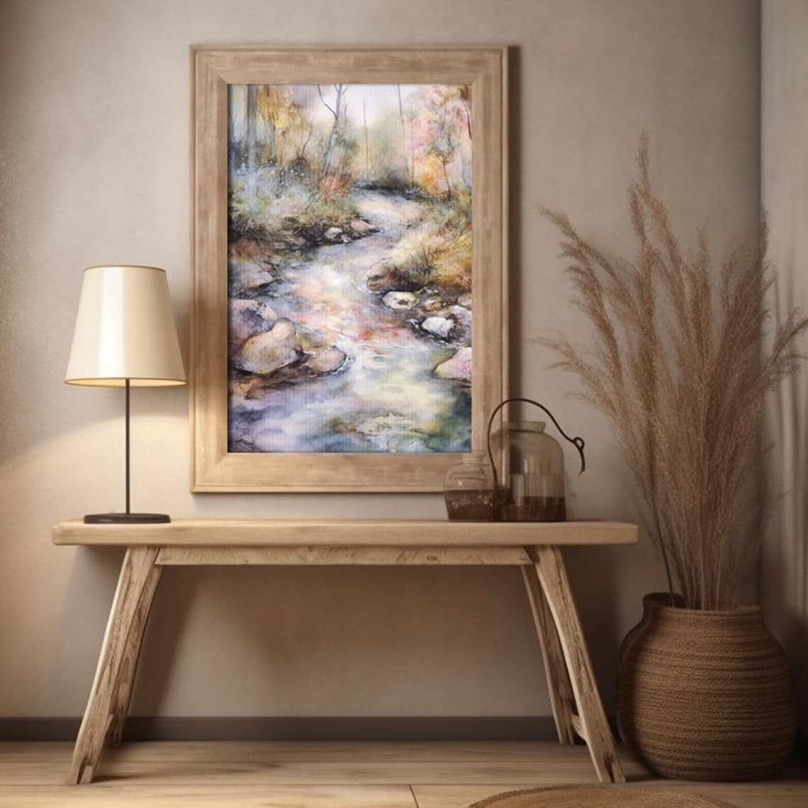 Autumn Forest Stream Rocky Creek Misty Watercolor Nature Poster - Image 2