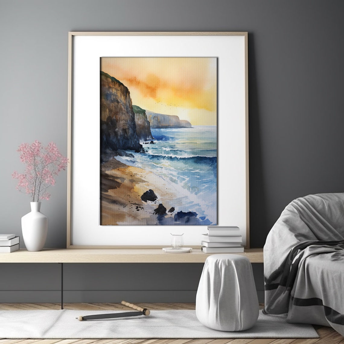 Sunset Over Ocean Cliffs Watercolor Beach Coastal Scene Poster - Image 4