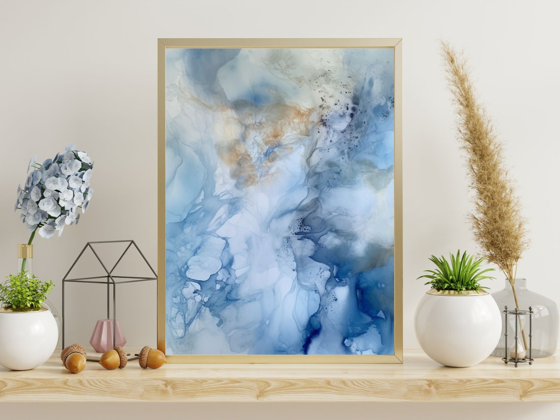 Blue and Gold Abstract Watercolor Serene Modern Painting Poster - Image 3