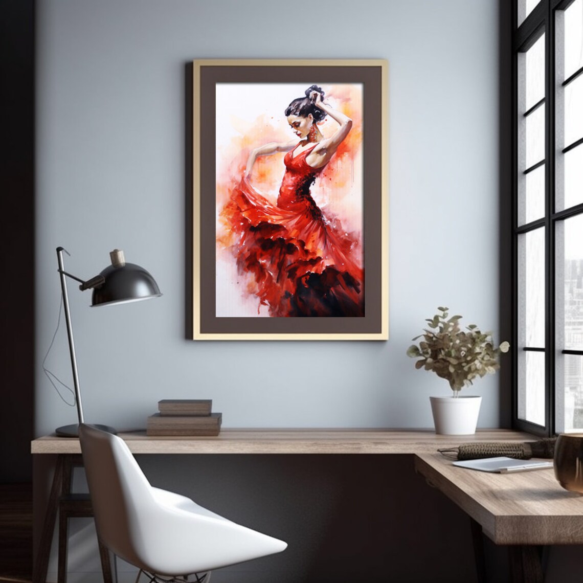 Spanish Flamenco Dancer Watercolor Red Dress Dance Painting Poster - Image 2