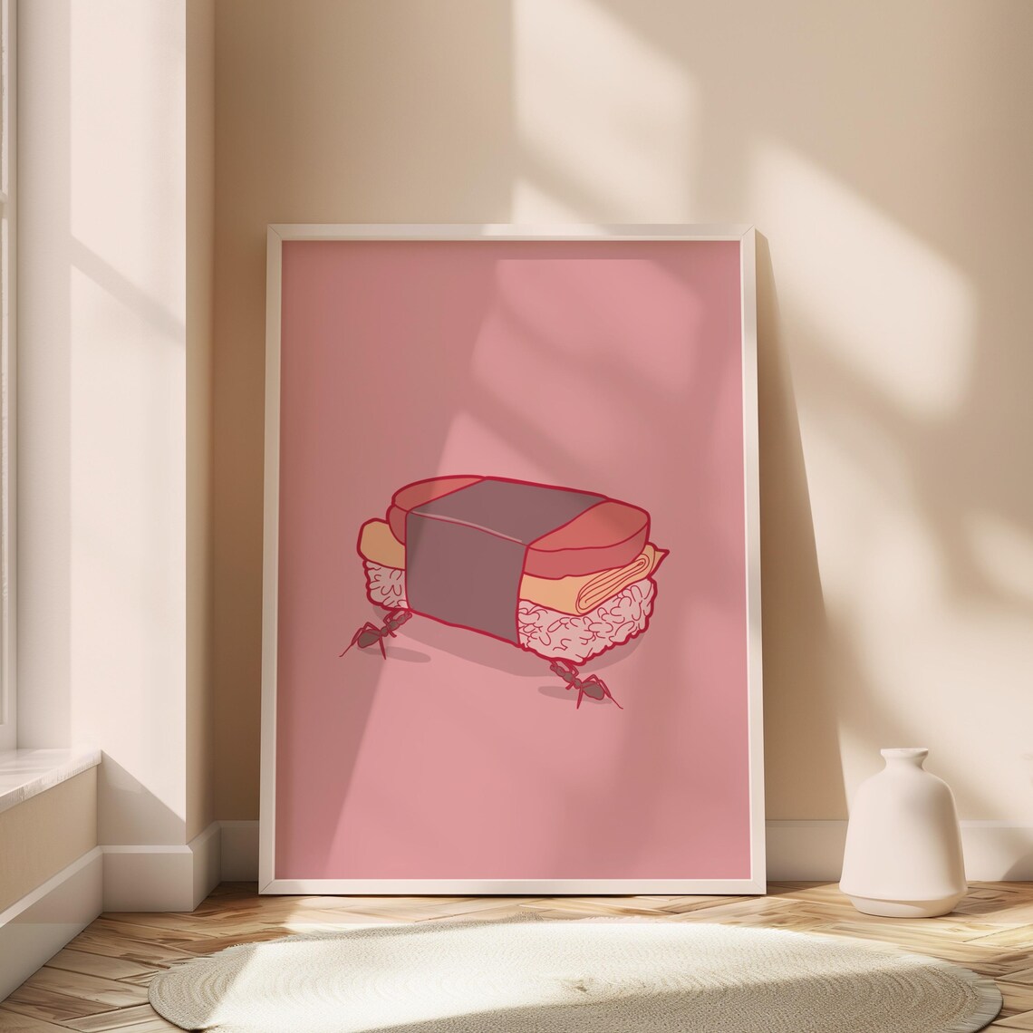 Cute Spam Musubi Carried By Ants Pink Japanese Food Art Poster