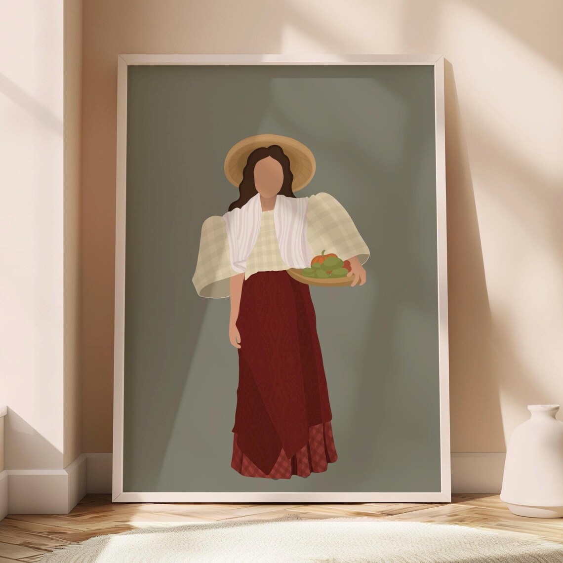 Filipina Woman Barot Saya Fruit Basket Sage Green Illustration Poster